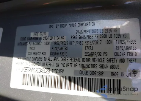 2010 Mazda Cx-7 I Sport from USA, damaged, VIN JM3ER2WM1A0345029